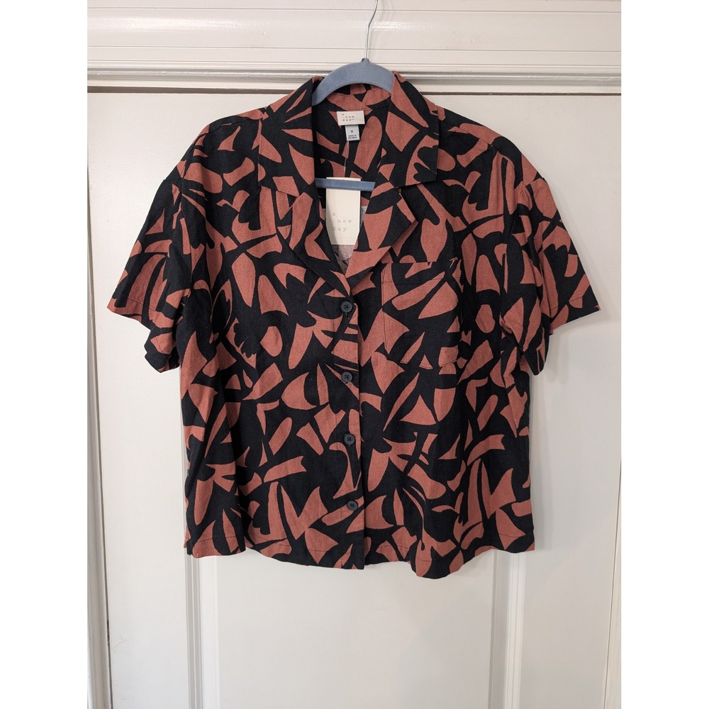 A New Day Womens Abstract Print Linen Blend Button Down Shirt boxy Medium NEW